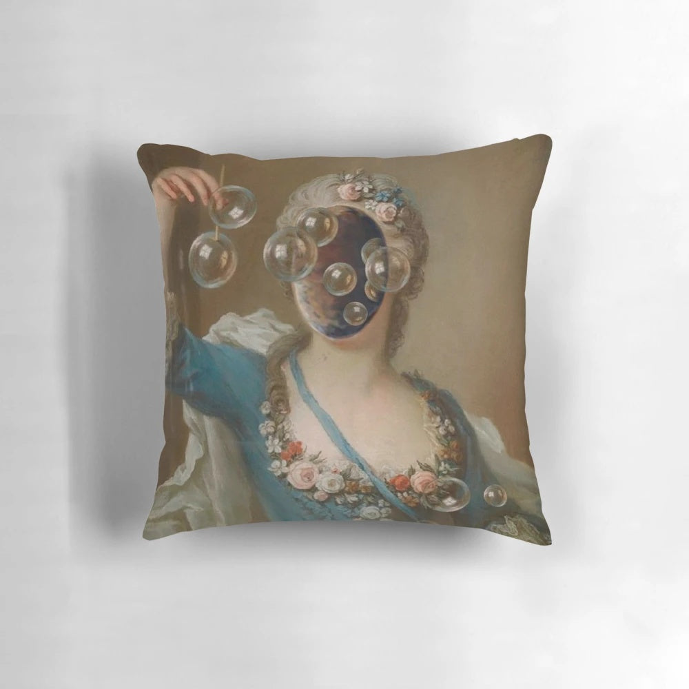 Surreal artwork featuring a unique and captivating portrait on a pillow