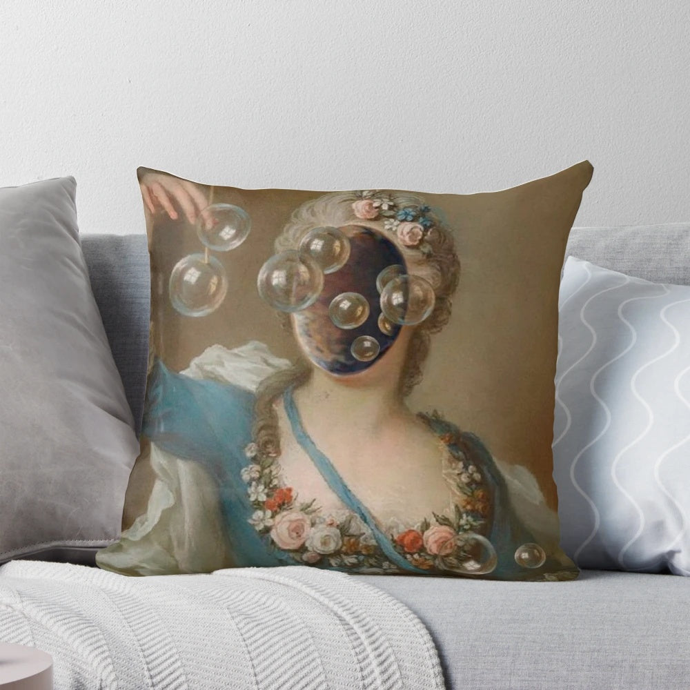 Surreal artwork featuring a unique and captivating portrait on a pillow