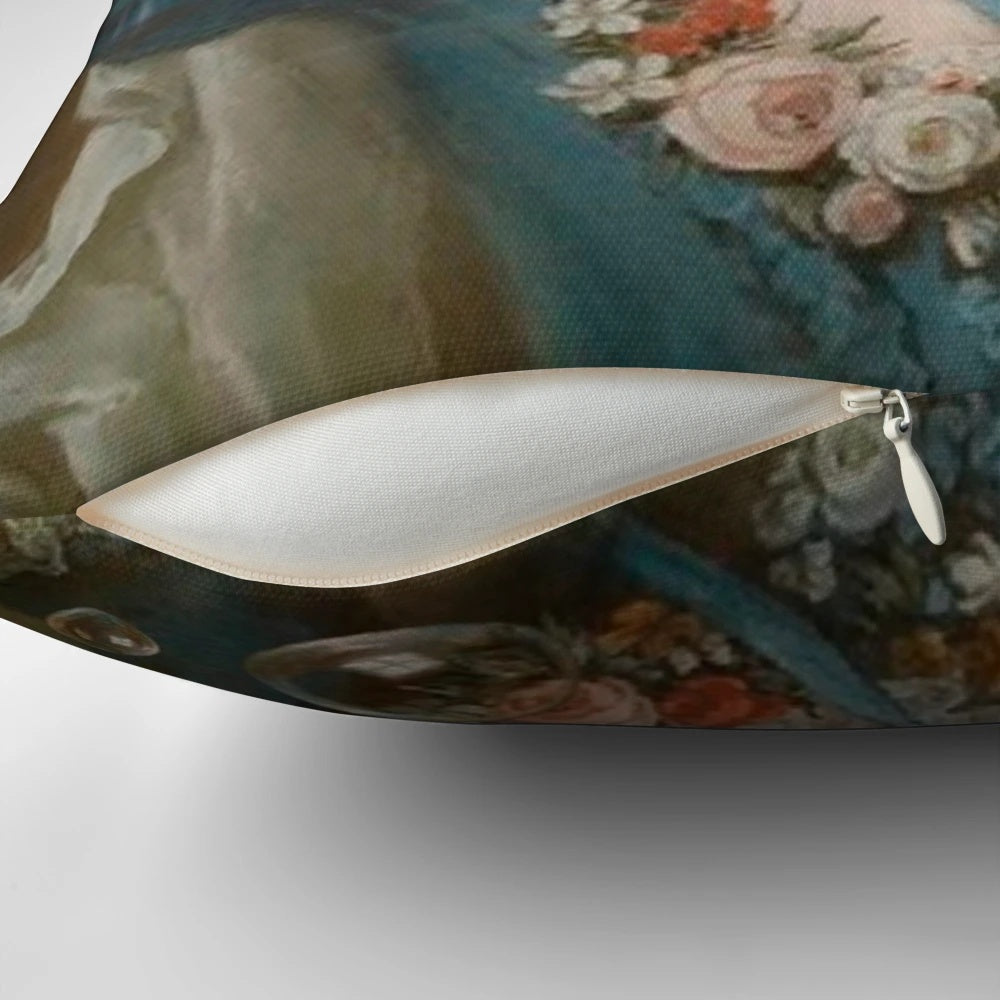 Surreal artwork featuring a unique and captivating portrait on a pillow