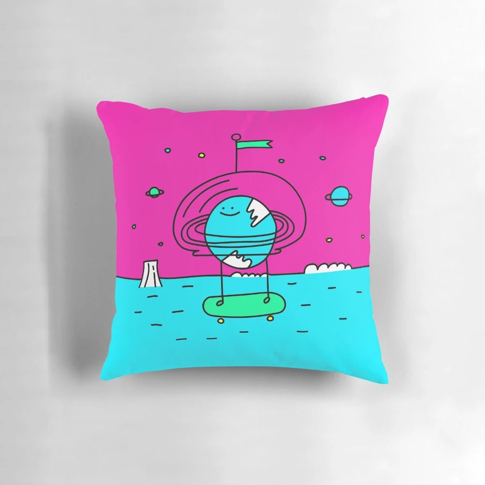 A whimsical, surreal pillow featuring the image of a planet and a quirky character, perfect for skaters and space enthusiasts.