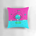 A whimsical, surreal pillow featuring the image of a planet and a quirky character, perfect for skaters and space enthusiasts.