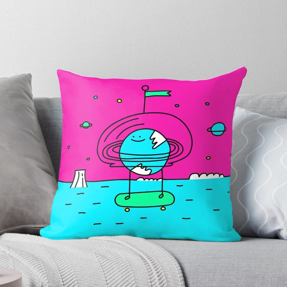 A whimsical, surreal pillow featuring the image of a planet and a quirky character, perfect for skaters and space enthusiasts.