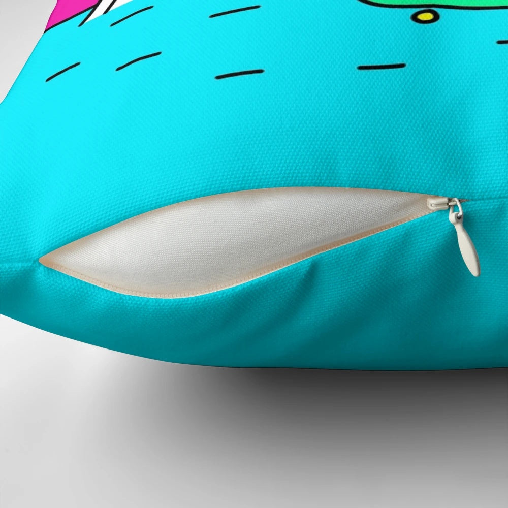 A whimsical, surreal pillow featuring the image of a planet and a quirky character, perfect for skaters and space enthusiasts.