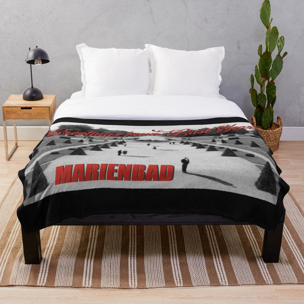 Plush blanket featuring a surreal black and white image inspired by the classic film 'Last Year at Marienbad