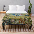 Plush blanket featuring surreal and psychedelic artwork inspired by Hieronymus Bosch's famous painting