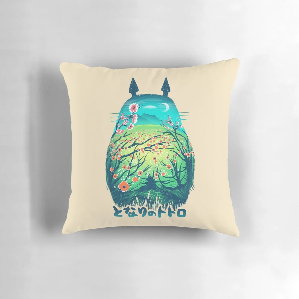 Surreal and fantastical neighbor-themed pop art pillow with Japanese kanji and forest elements