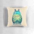Surreal and fantastical neighbor-themed pop art pillow with Japanese kanji and forest elements