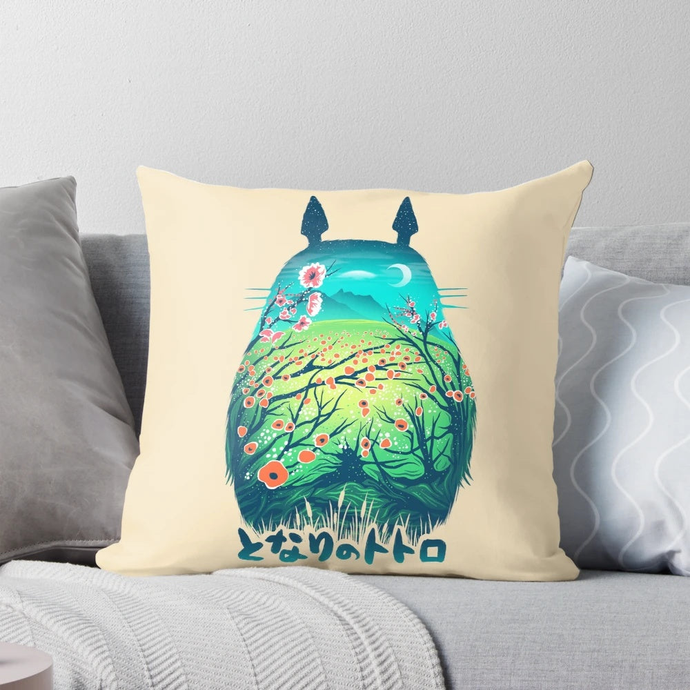 Surreal and fantastical neighbor-themed pop art pillow with Japanese kanji and forest elements