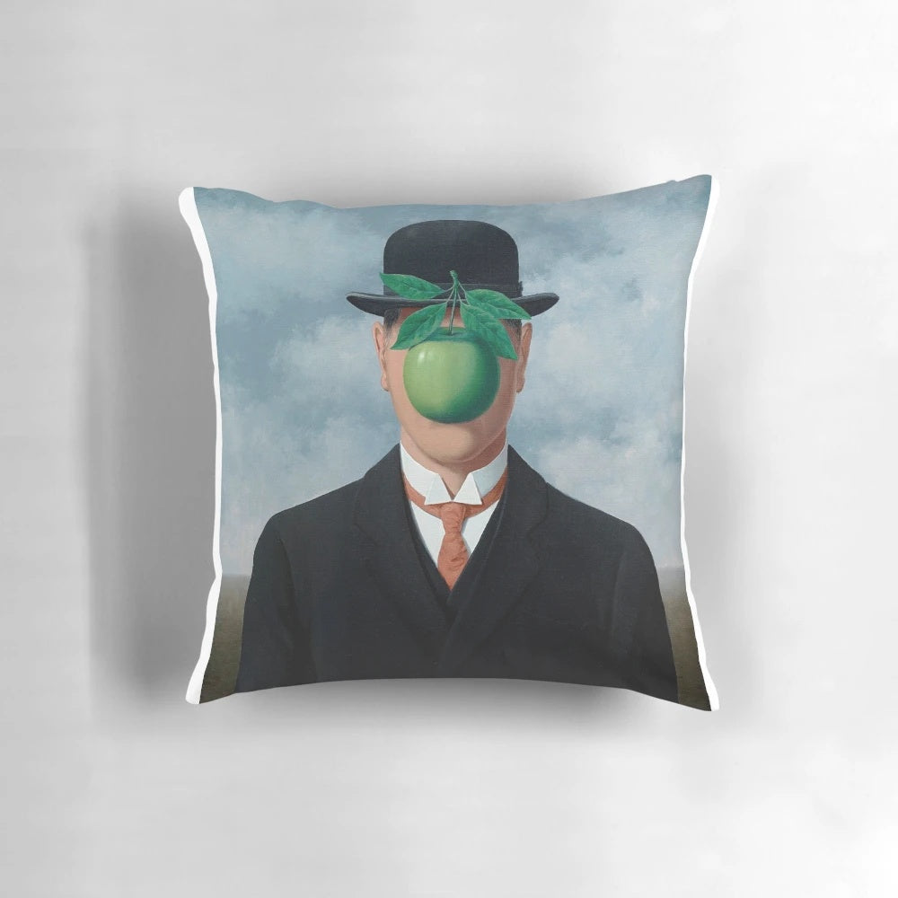 Throw pillow featuring a surreal design inspired by the artwork of Rene Magritte.