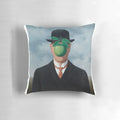 Throw pillow featuring a surreal design inspired by the artwork of Rene Magritte.