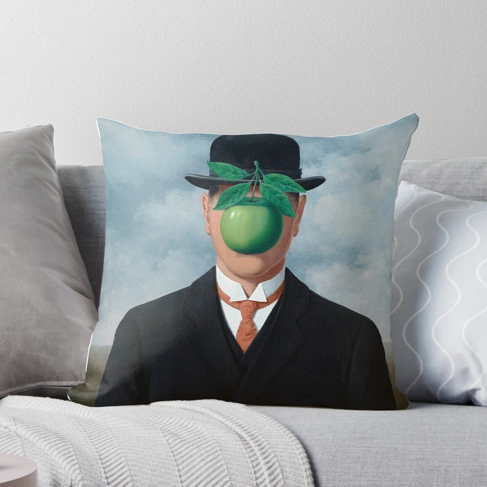 Throw pillow featuring a surreal design inspired by the artwork of Rene Magritte.
