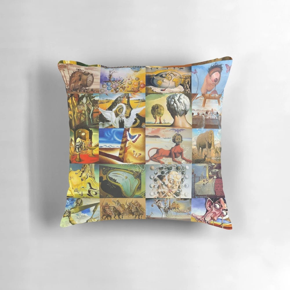 Vibrant surreal pillow featuring the iconic artwork of Spanish artist Salvador Dali