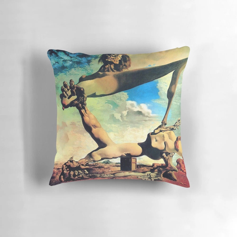 Surrealist art-inspired throw pillow with Salvador Dali's iconic style and soft boiled bean construction