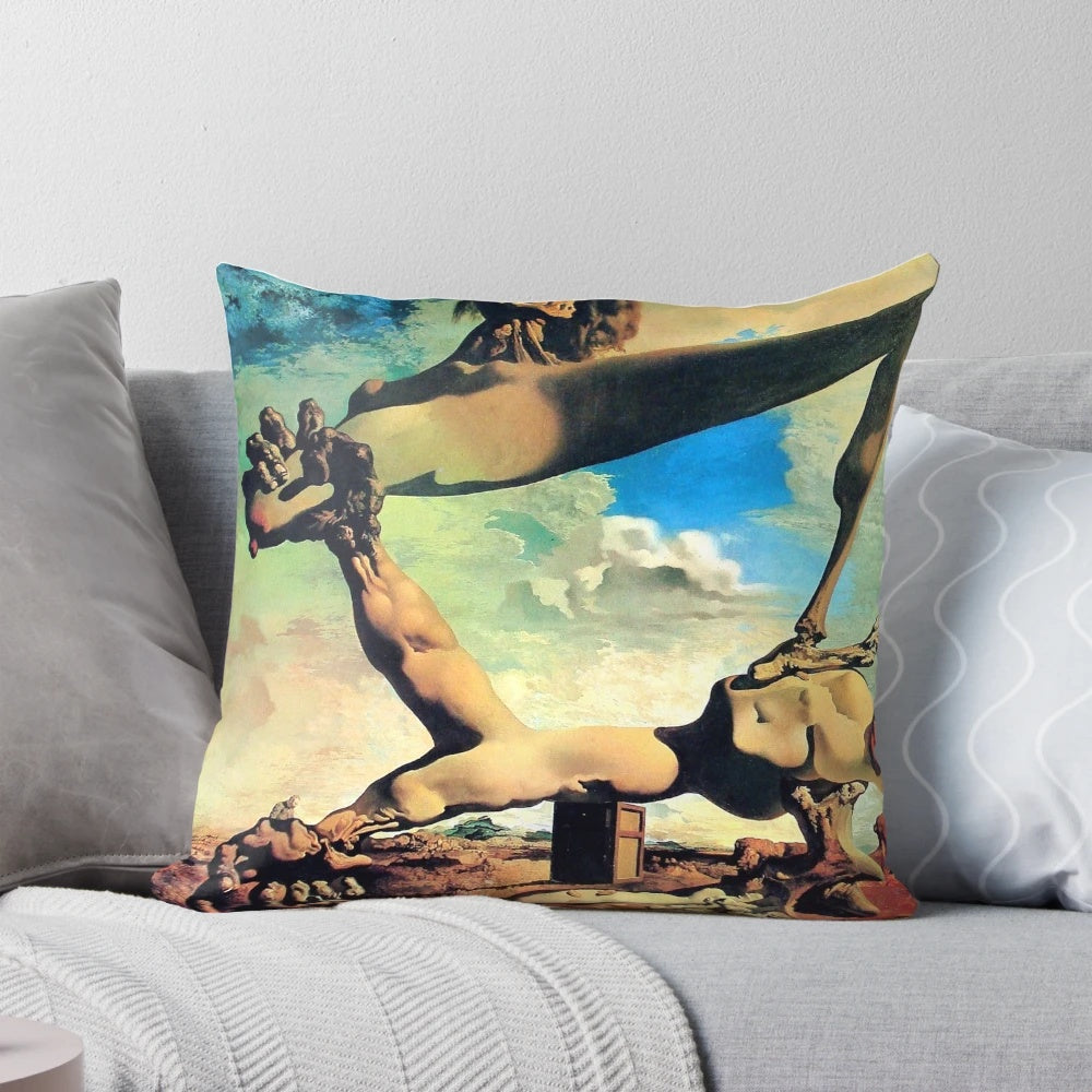 Surrealist art-inspired throw pillow with Salvador Dali's iconic style and soft boiled bean construction