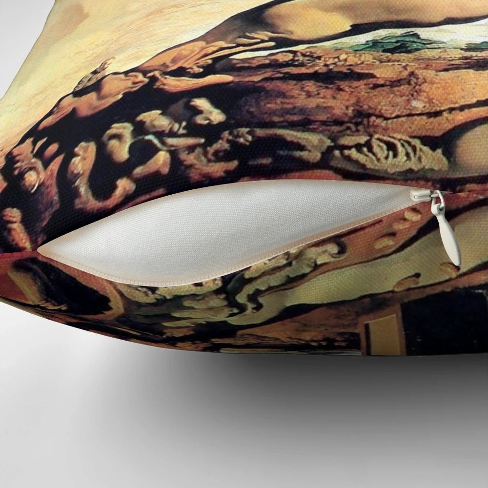 Surrealist art-inspired throw pillow with Salvador Dali's iconic style and soft boiled bean construction