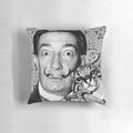 Surreal black and white image of Salvador Dali's cat on a decorative pillow