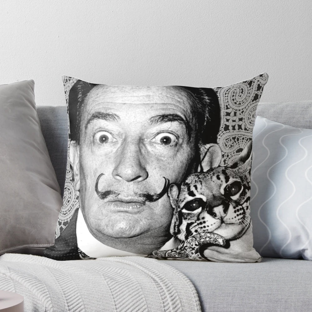 Surreal black and white image of Salvador Dali's cat on a decorative pillow