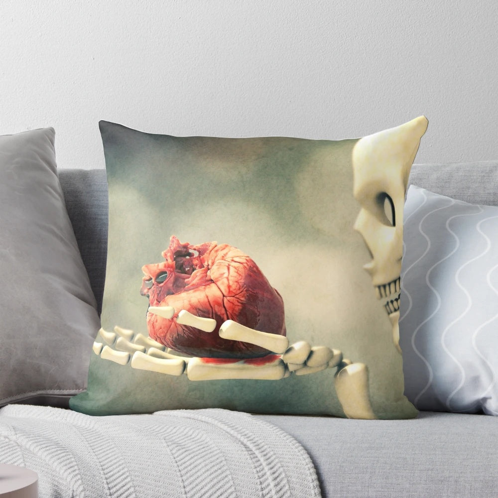 Surreal skeleton heart pillow featuring a heart-shaped skeleton design