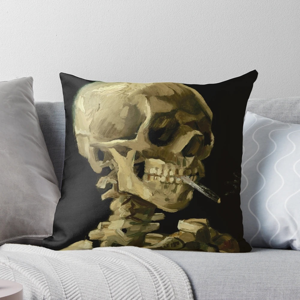 Vincent van Gogh's painting of a skeleton skull with a burning cigarette, printed on a high-quality pillow
