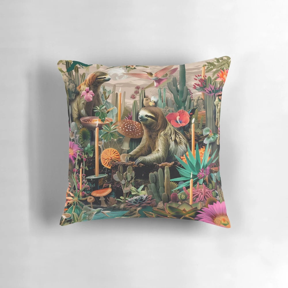 Surreal digital collage art pillow featuring a whimsical sloth in a natural oasis setting