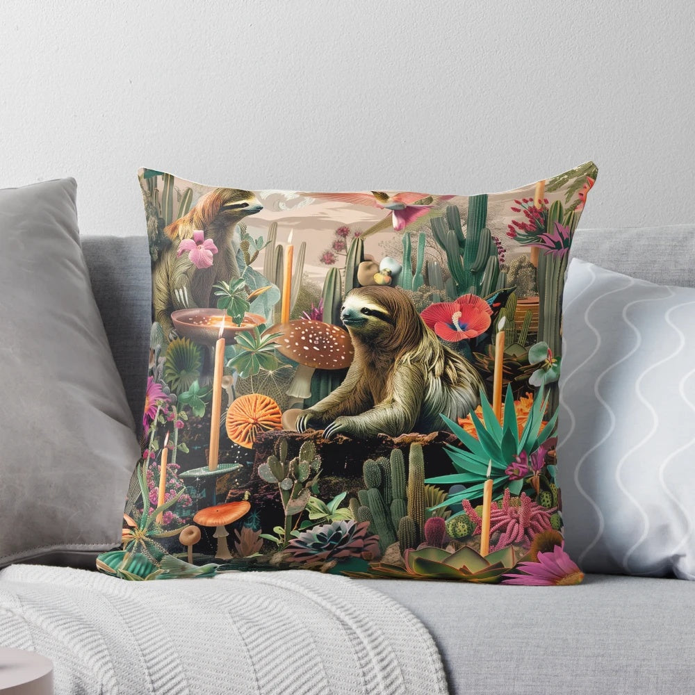 Surreal digital collage art pillow featuring a whimsical sloth in a natural oasis setting