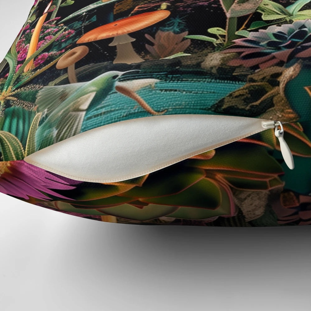Surreal digital collage art pillow featuring a whimsical sloth in a natural oasis setting