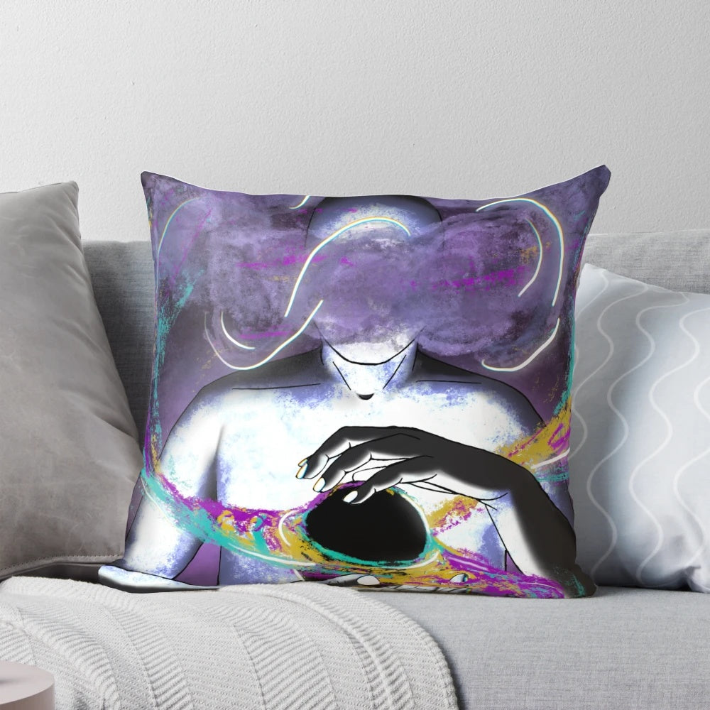 Pillow featuring a surreal space scene with a spaceman holding a black hole in their hands, against a colorful, nebula-like background.