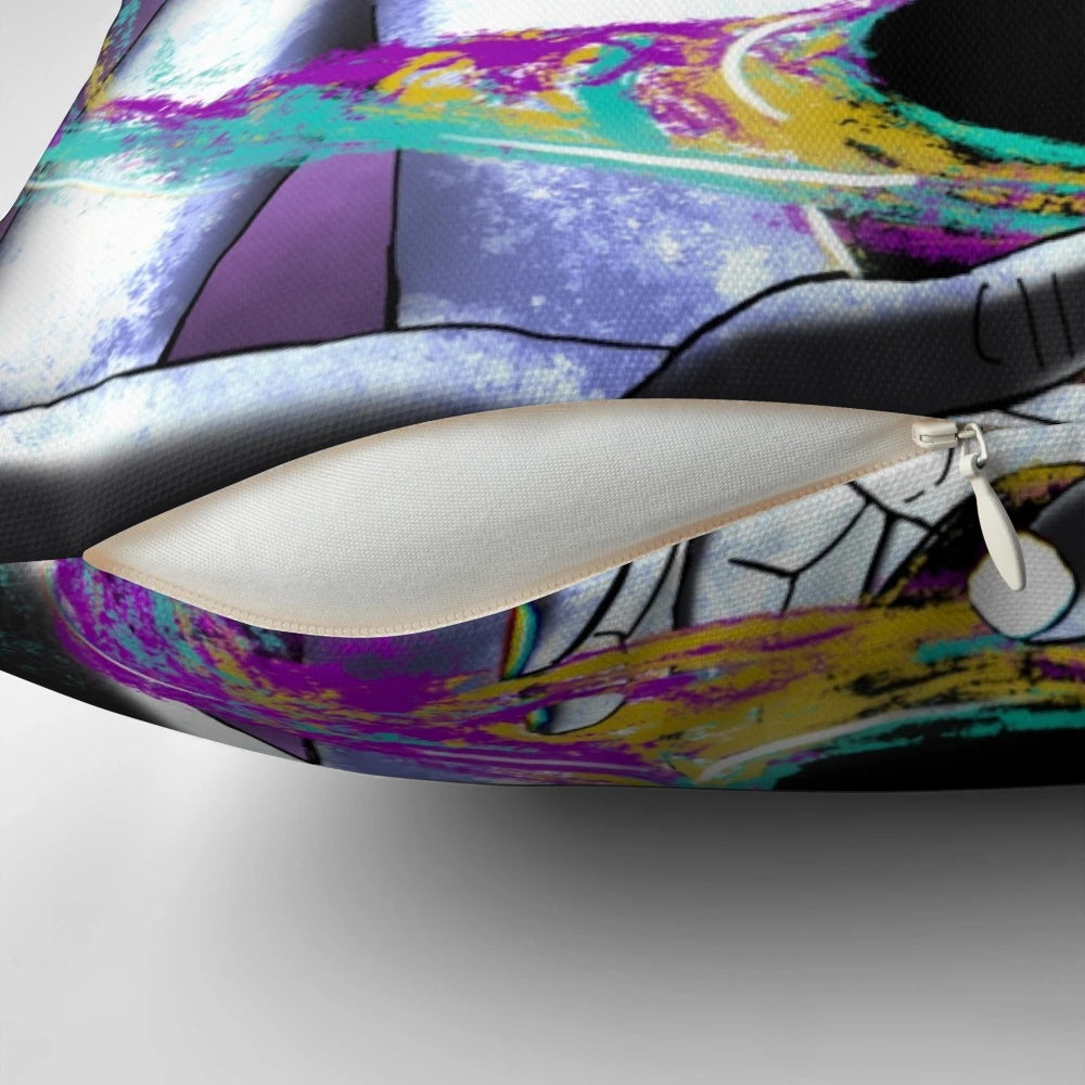 Pillow featuring a surreal space scene with a spaceman holding a black hole in their hands, against a colorful, nebula-like background.