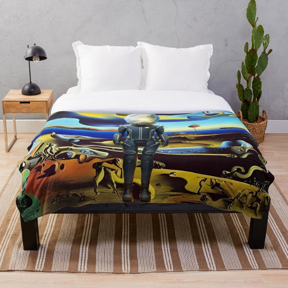 Surreal astronaut plush blanket with colorful cosmic design