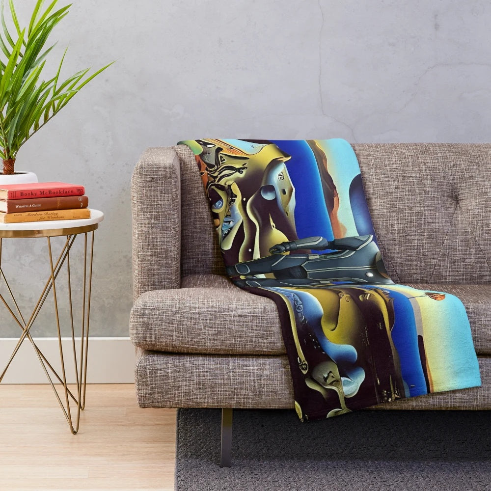 Surreal astronaut plush blanket with colorful cosmic design