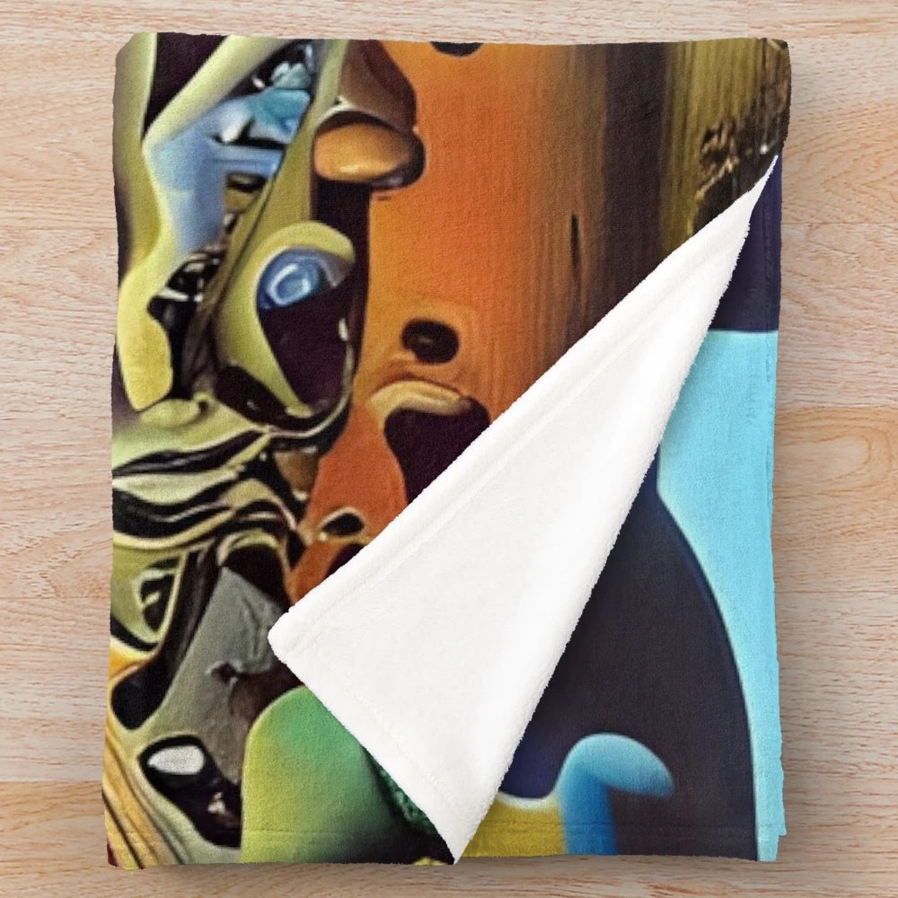 Surreal astronaut plush blanket with colorful cosmic design
