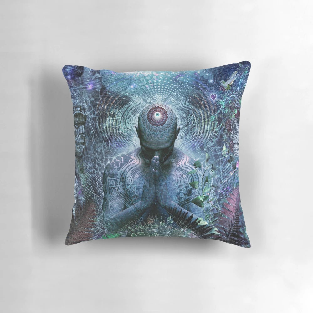 A visually striking pillow featuring a surreal, nature-inspired design with blue, gray, and green tones.