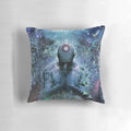 A visually striking pillow featuring a surreal, nature-inspired design with blue, gray, and green tones.
