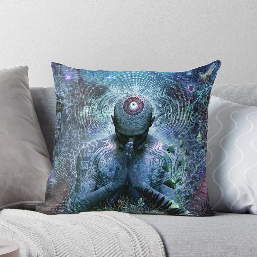 A visually striking pillow featuring a surreal, nature-inspired design with blue, gray, and green tones.