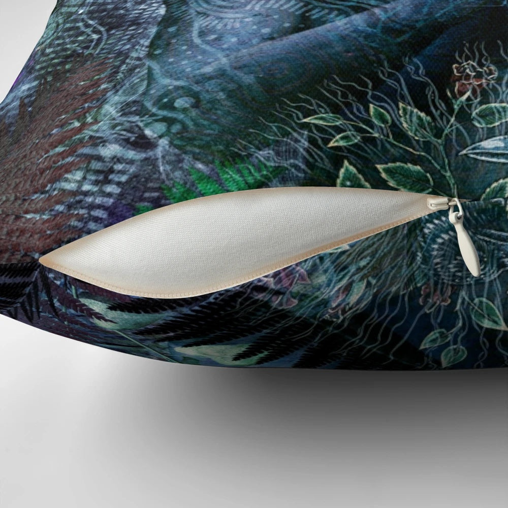 A visually striking pillow featuring a surreal, nature-inspired design with blue, gray, and green tones.