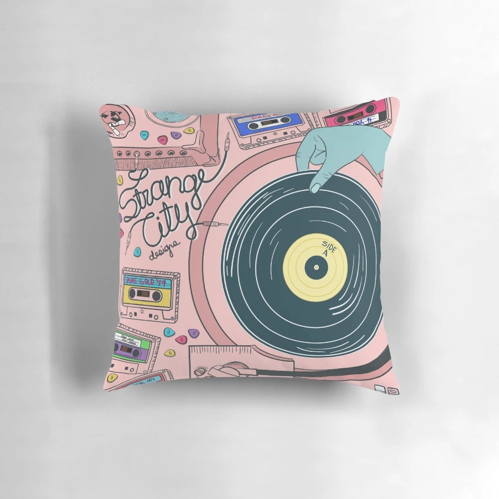Surreal Strange City Pillow for Record Player Enthusiasts