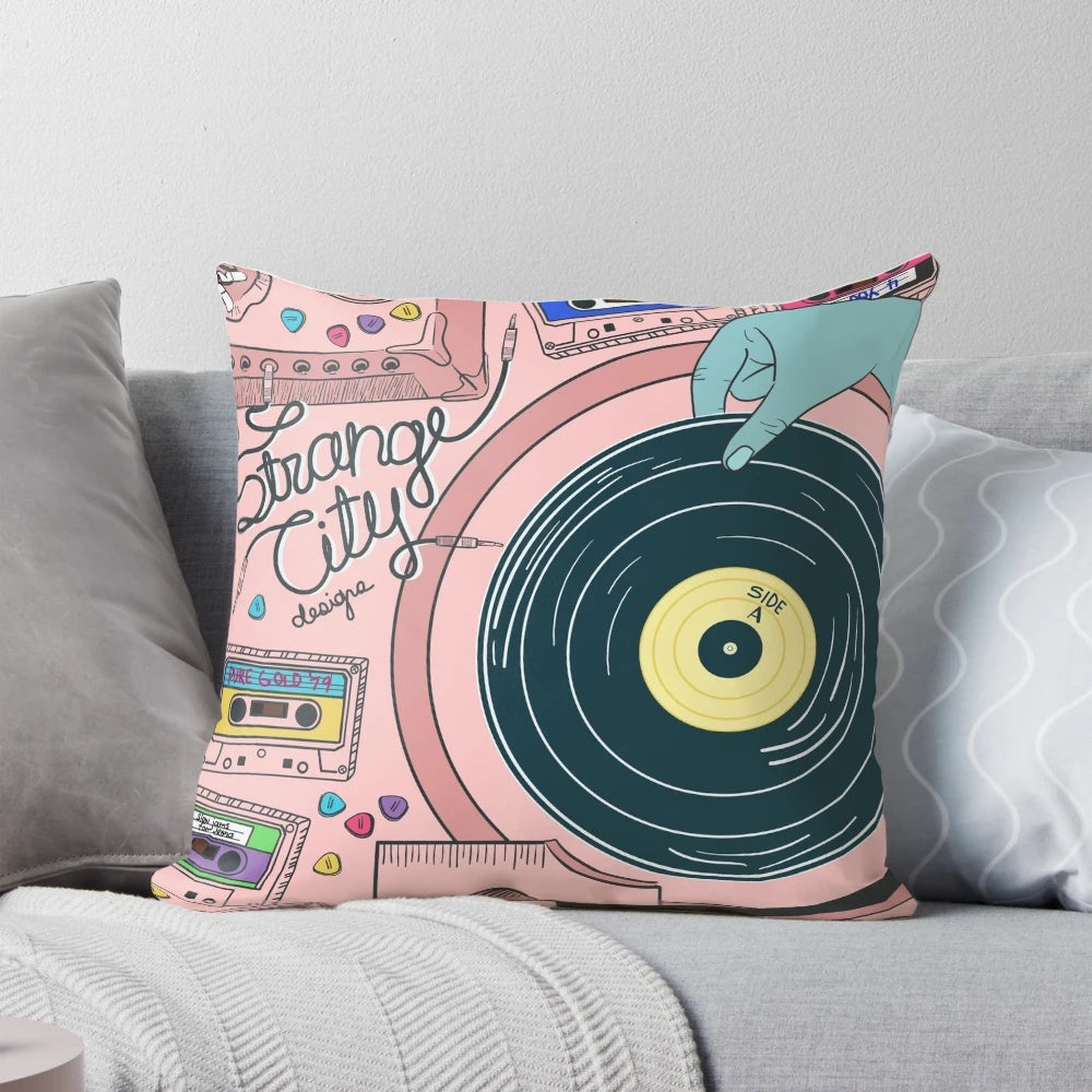 Surreal Strange City Pillow for Record Player Enthusiasts