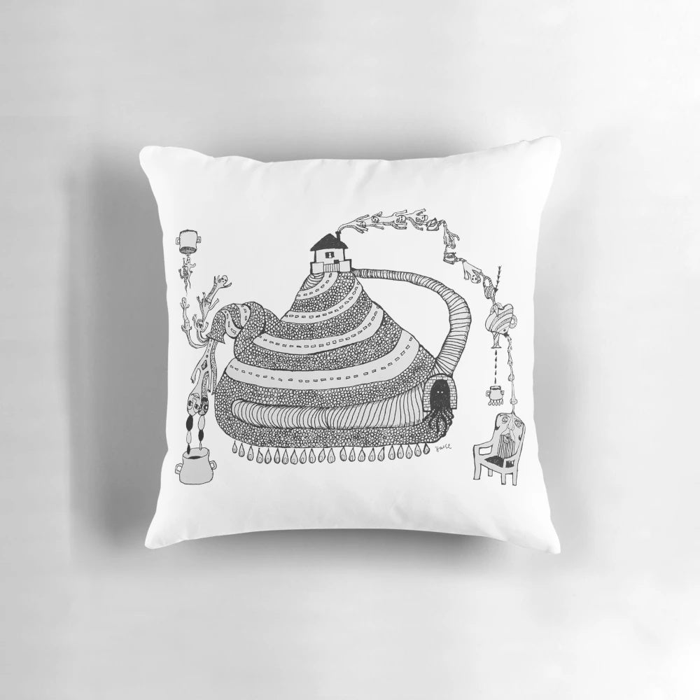 Surreal and bizarre tea time-themed pillow with a chaotic, surreal design