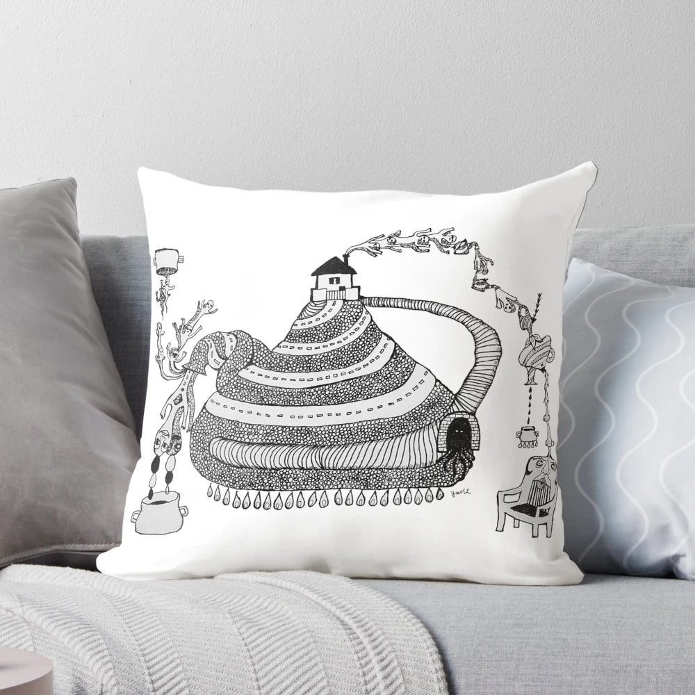 Surreal and bizarre tea time-themed pillow with a chaotic, surreal design