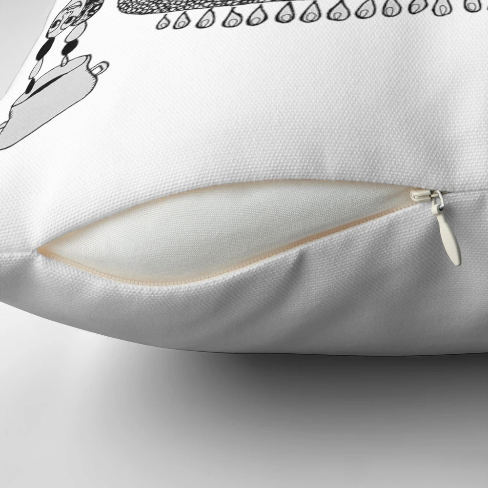 Surreal and bizarre tea time-themed pillow with a chaotic, surreal design