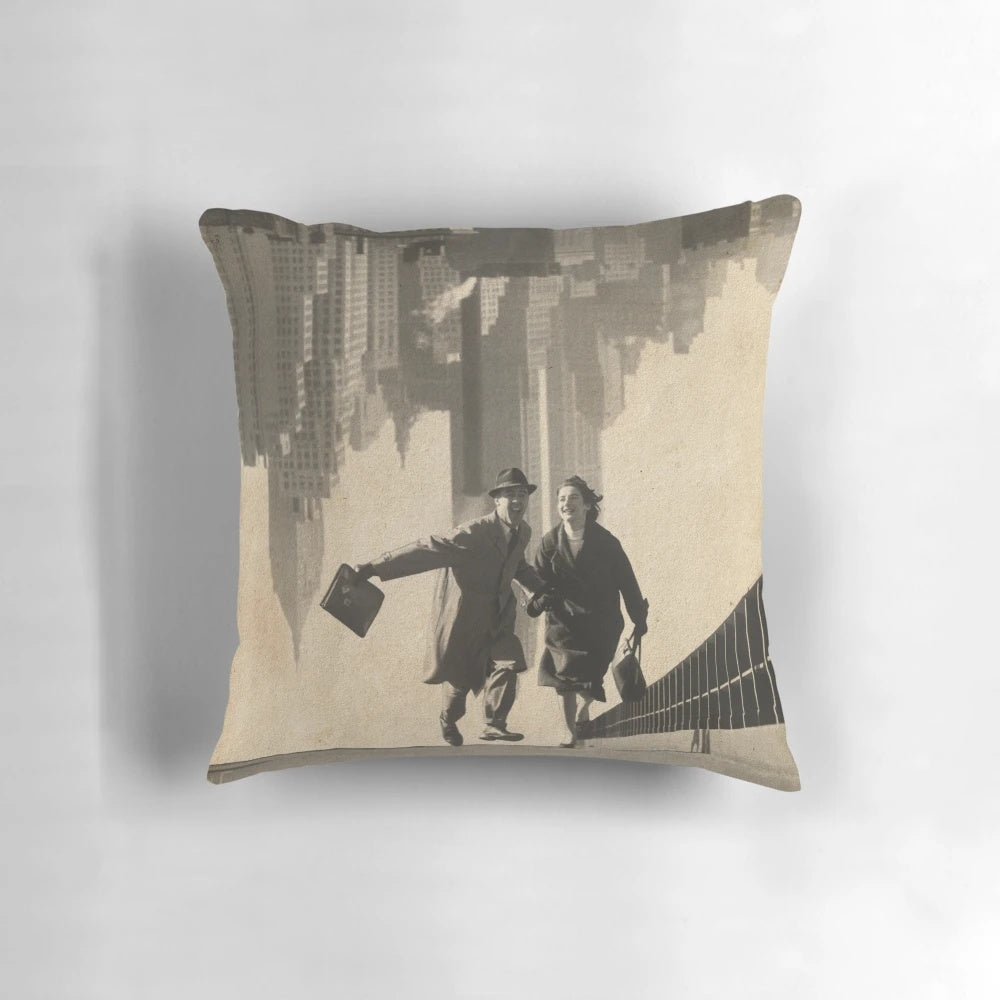 Surreal and whimsical upside down pillow featuring a collage of surreal elements