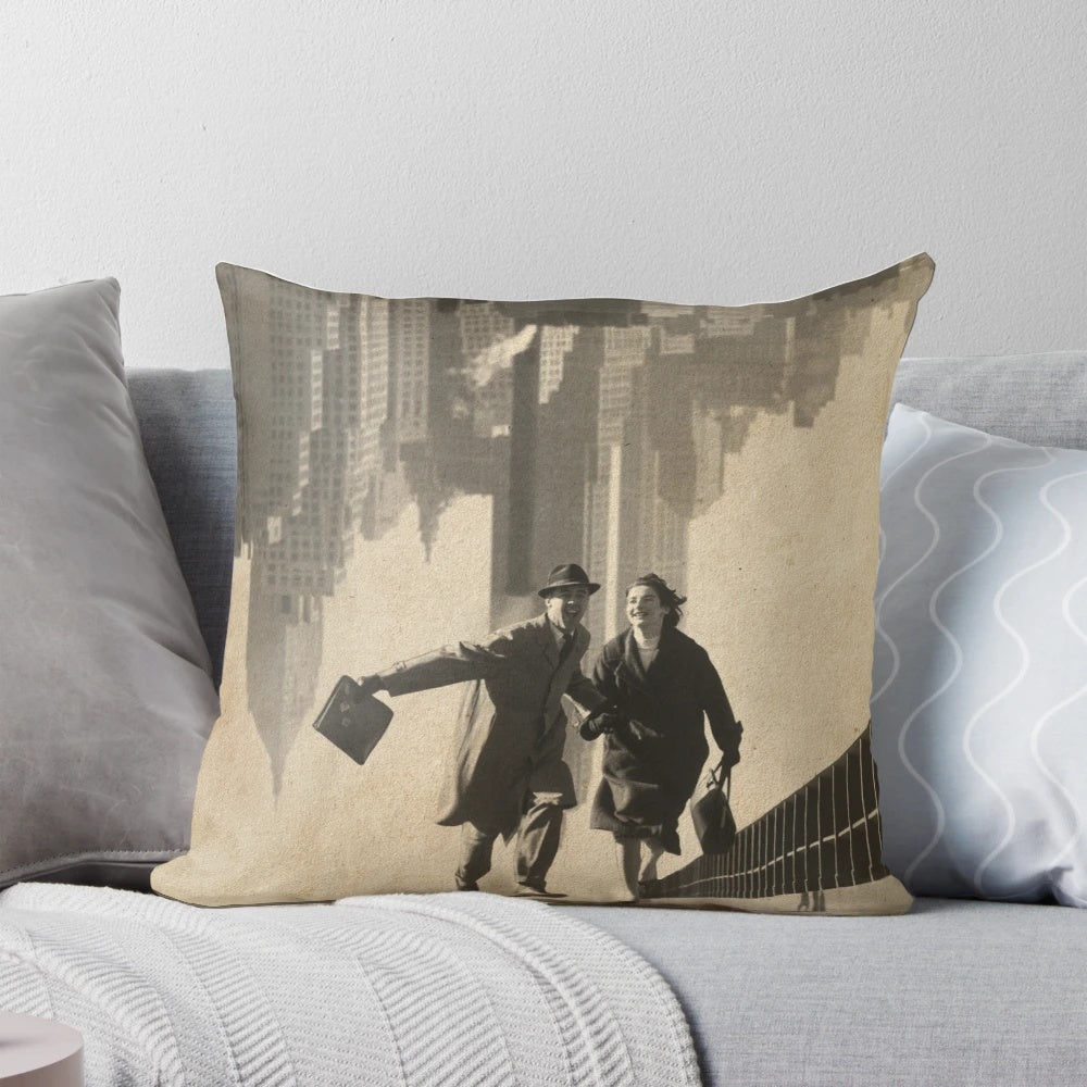 Surreal and whimsical upside down pillow featuring a collage of surreal elements