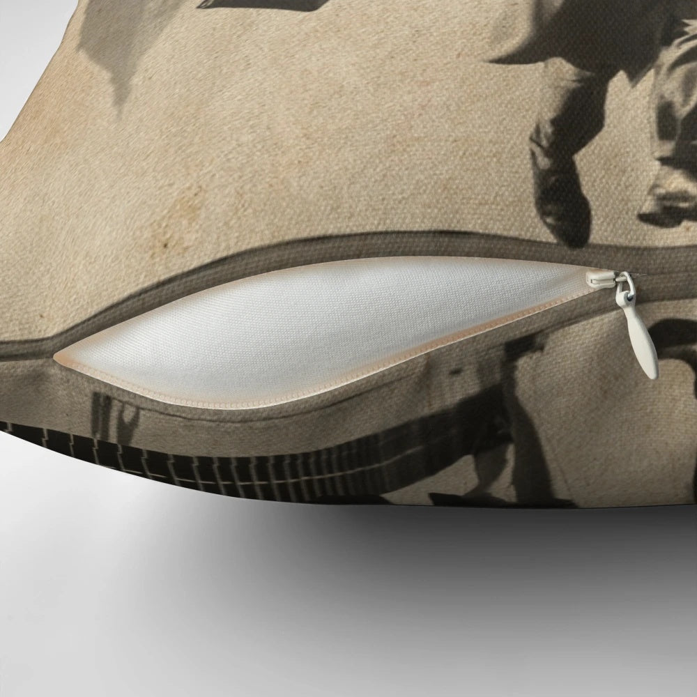 Surreal and whimsical upside down pillow featuring a collage of surreal elements
