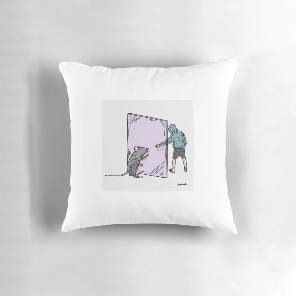 Surreal and abstract "Us and Them" inspired pillow with pink floyd imagery and philosophical themes.