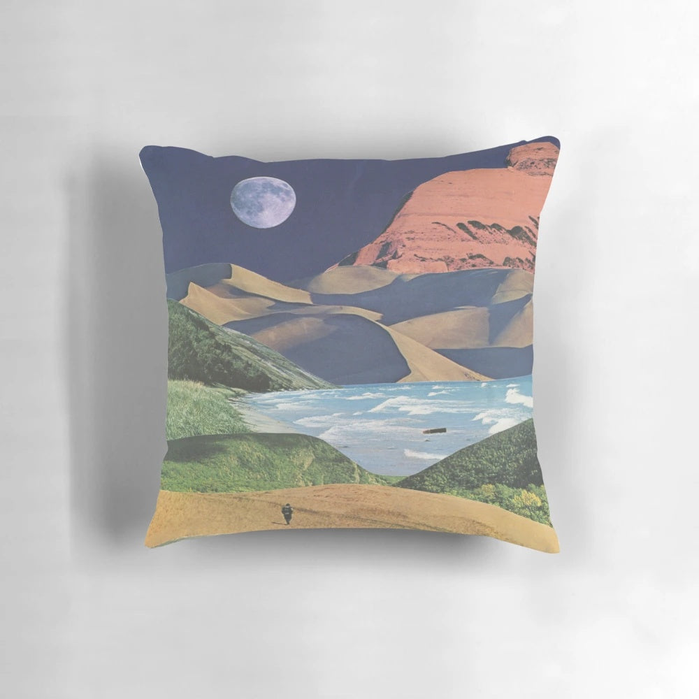 Surreal vintage landscape collage art featuring a dreamy, nature-inspired design on a throw pillow.