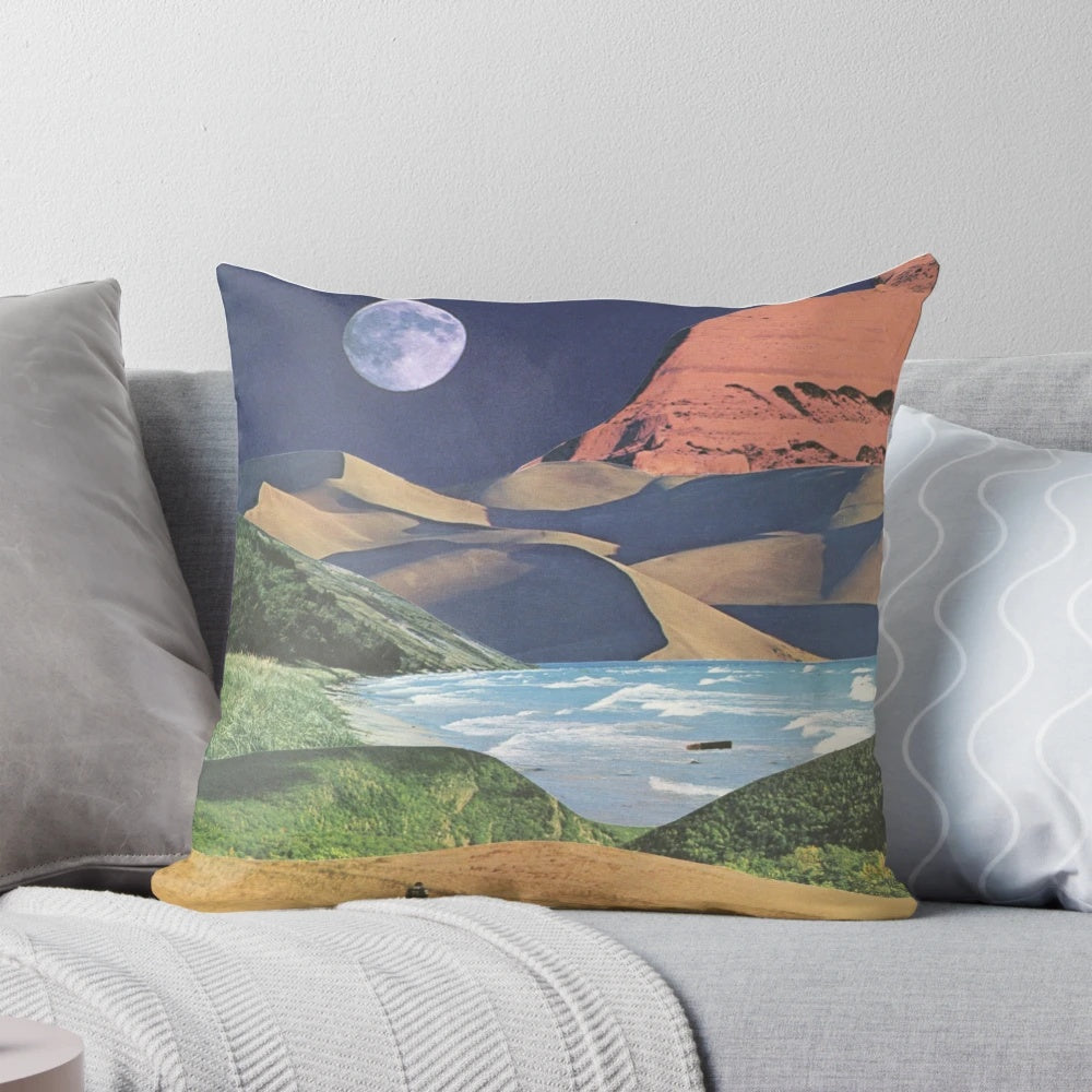 Surreal vintage landscape collage art featuring a dreamy, nature-inspired design on a throw pillow.