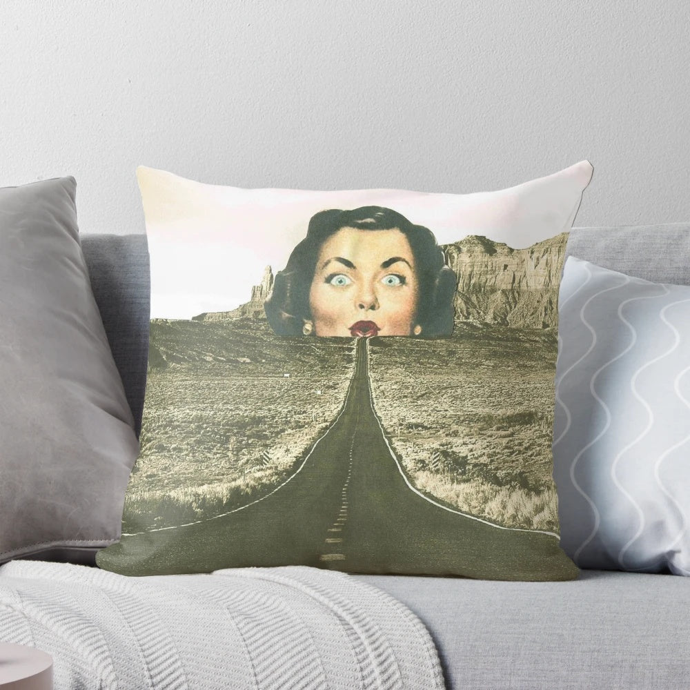 A surreal collage image of a woman walking down a winding road in a fantastical landscape, with the text "The road ahead" overlaid on the image.