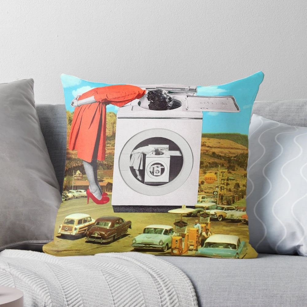 A surreal, colorful collage art pillow depicting a watching machine or robot figure.