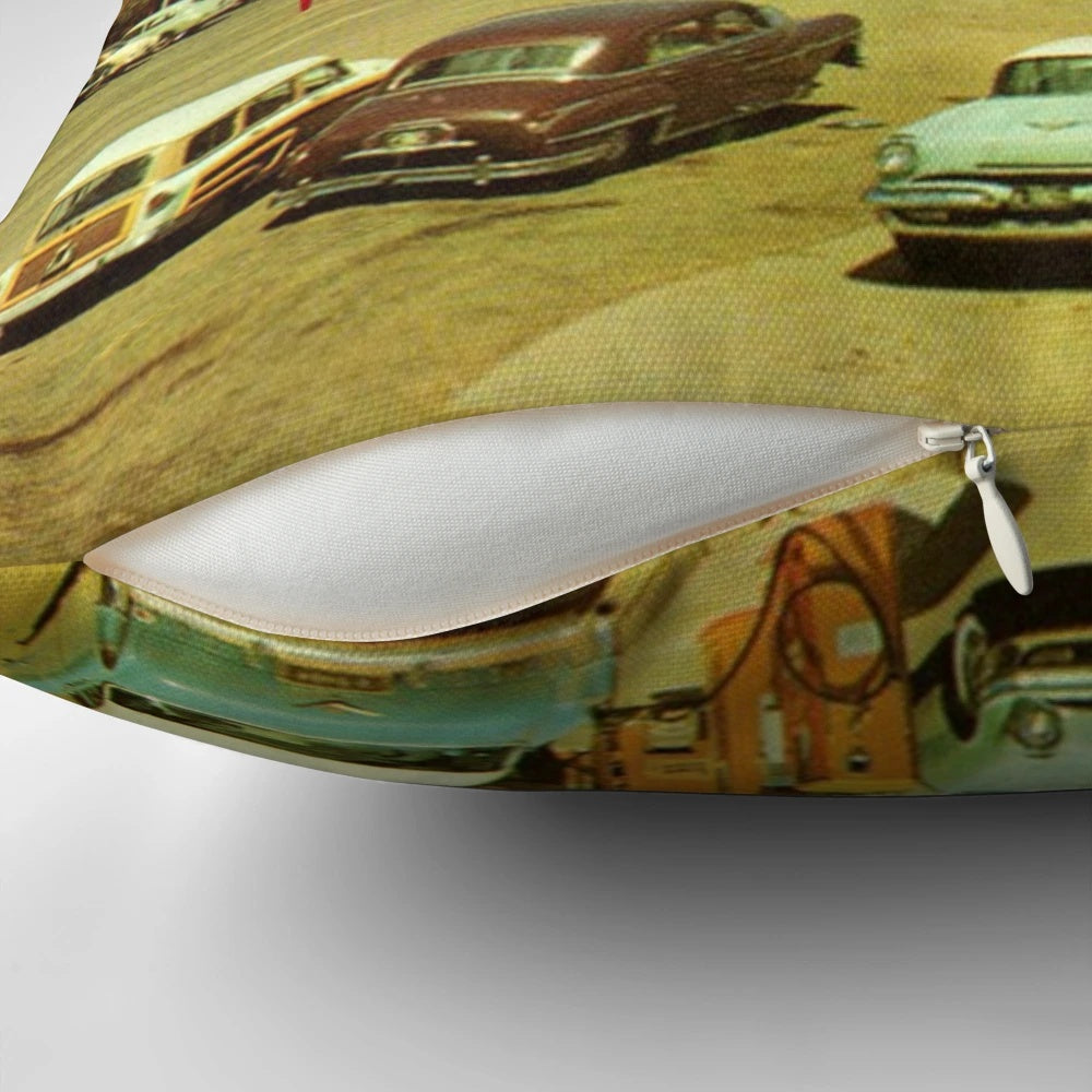 A surreal, colorful collage art pillow depicting a watching machine or robot figure.