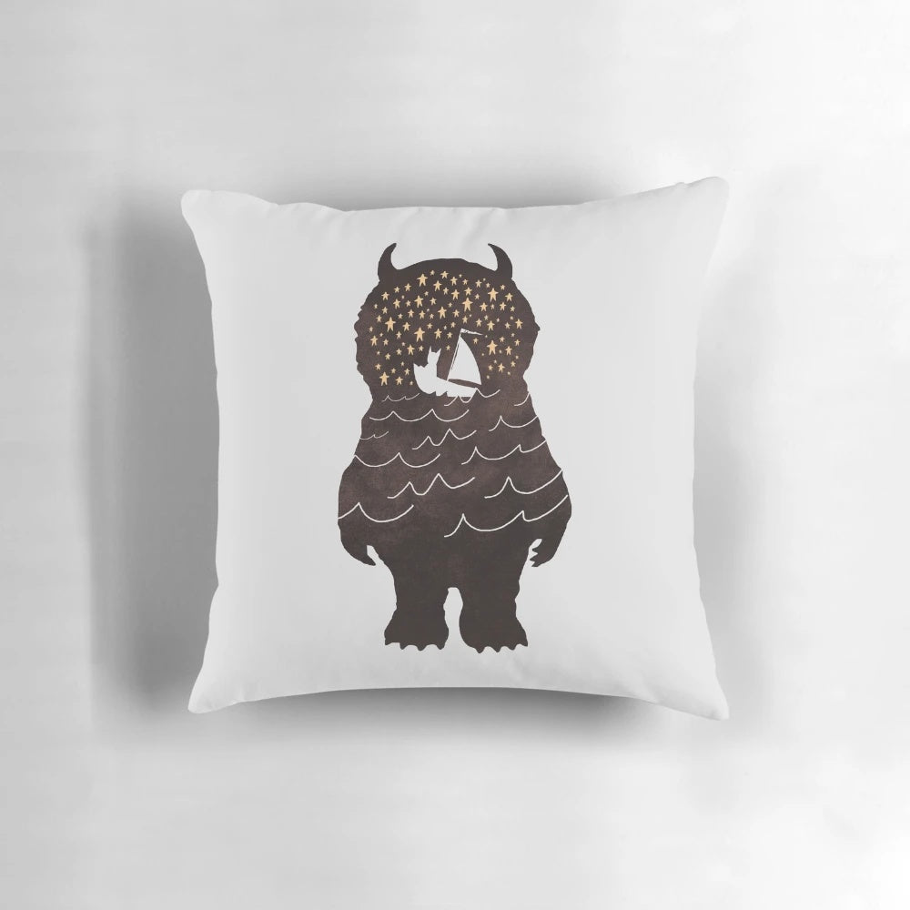 Whimsical pillow featuring a surreal, abstract design inspired by the classic children's book "Where the Wild Things Are" by Maurice Sendak.
